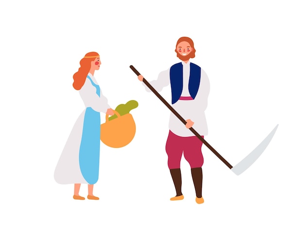 ベクトル 中世の農民家族フラットベクトルイラスト。かごを持つ素朴な若い女の子と手鎌の漫画のキャラクターを持つ男。笑顔の農民、白い背景に孤立した農村労働者。