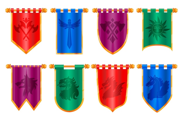 Vettore banner reale medievale bandiere vittoriane classiche con stendardo cavaliere antico emblema araldico asta bandiera regale del fumetto per la progettazione di app di gioco dell'interfaccia utente set vettoriale