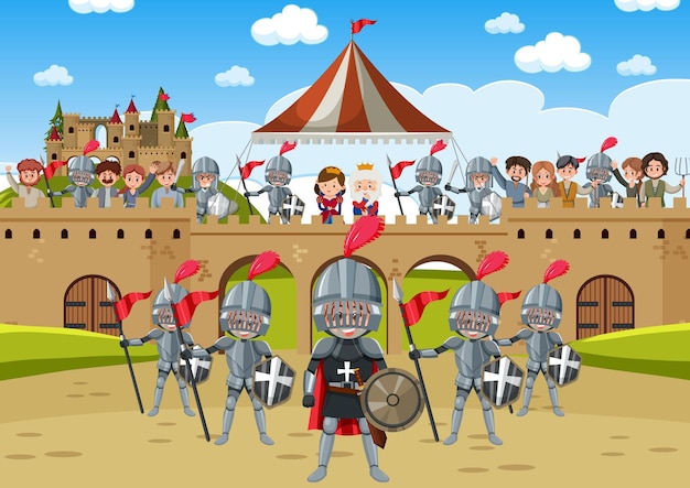 Средневековая сцена с королевским персонажем и рыцарями доспехов