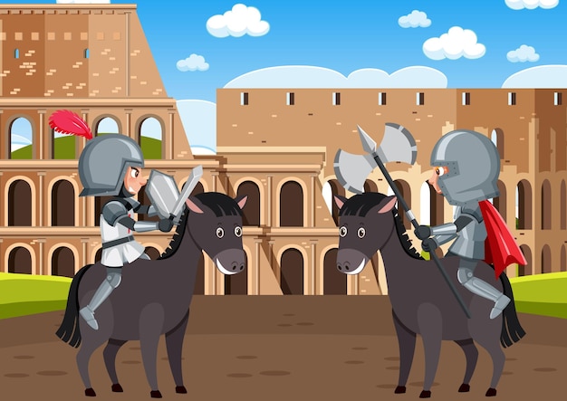 La scena medievale con due cavalieri in armatura sta combattendo