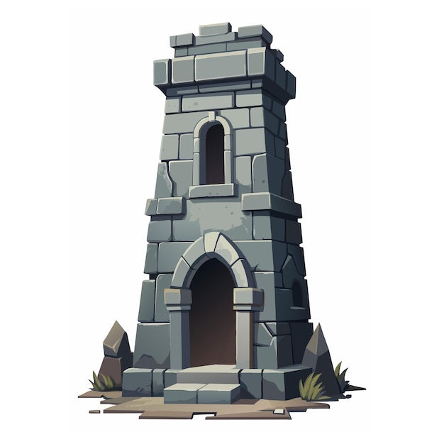 Vector medieval stone brick tower building castle gatehouse fort watchtower cartoon building game rpg style