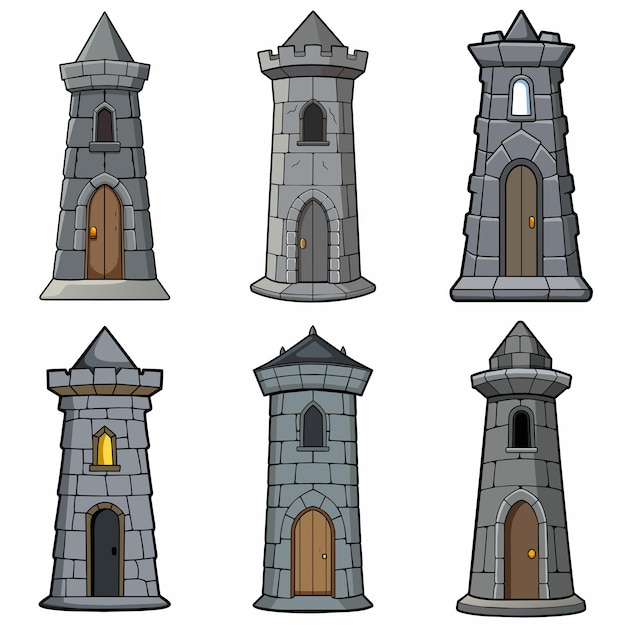 Vector medieval stone brick tower buildings castle gatehouse fort watchtower stone building game rpg style