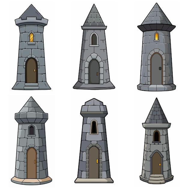 Vector medieval stone brick tower buildings castle gatehouse fort watchtower stone building game rpg style