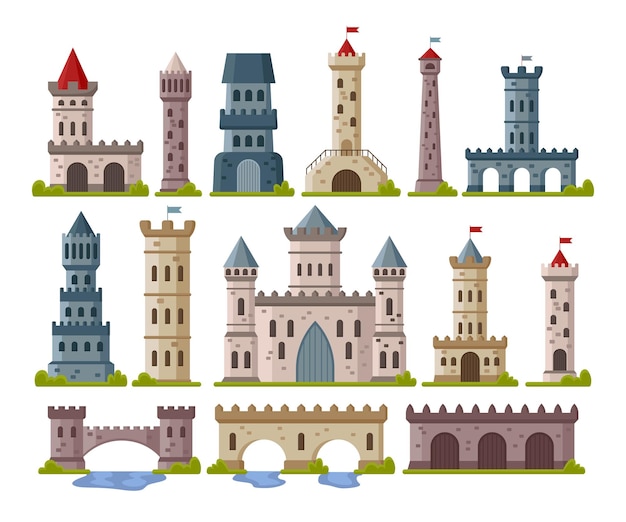 Medieval stone towers cartoon illustration set. castles or palace with gates, old historic fort with flag, fairy tale buildings, elements for computer game. fantasy, ancient architecture concept