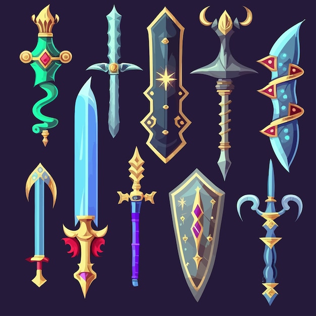 Medieval swords weapons of knight king or warrior with magic runes and gems in handle Isolated on background Vector illustration