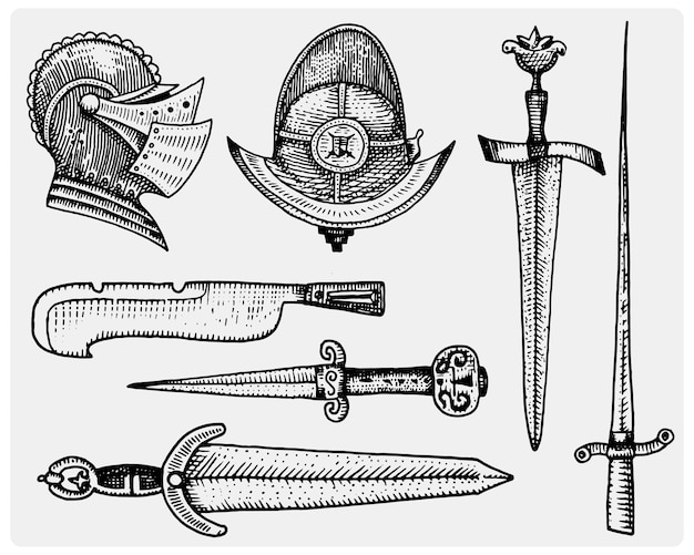medieval symbols helmet and swords knife vintage engraved hand drawn in sketch or wood cut style old looking retro isolated vector realistic illustration
