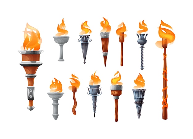 Medieval torch with burning fire set Ancient realistic metal and wooden torches differents shapes