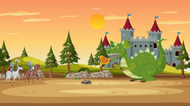 Vector medieval town scene in cartoon style