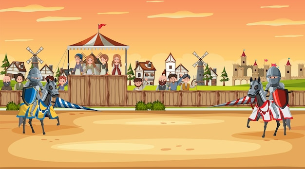 Scena della città medievale in stile cartone animato