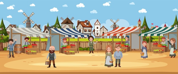 Medieval town scene with villagers at the market