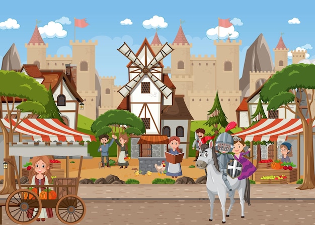 Medieval town scene with villagers