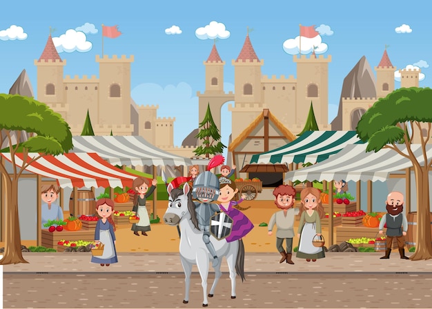 Medieval town scene with villagers