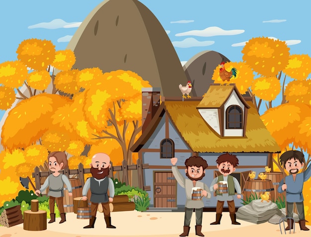 Medieval town scene with villagers