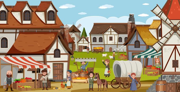 Vector medieval town scene with villagers