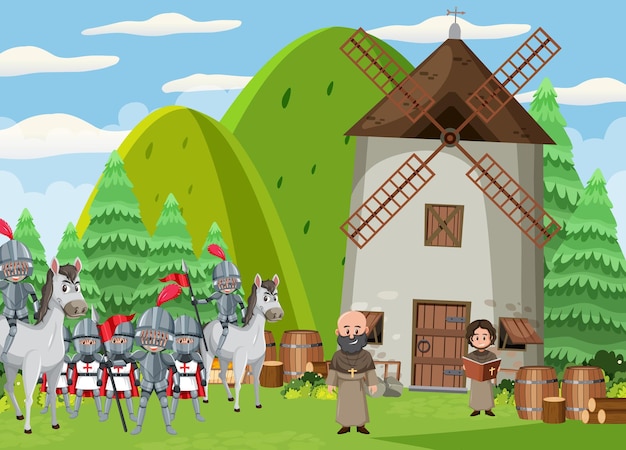 Medieval town scene with villagers