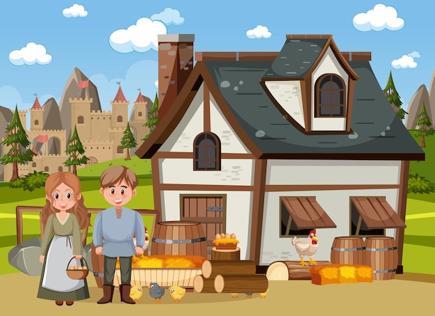 Vector medieval town scene with villagers