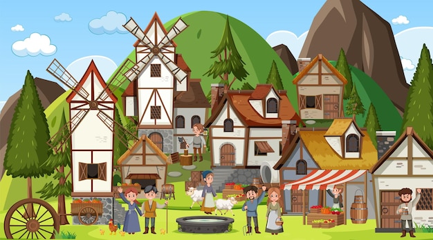 Medieval town scene with villagers