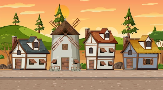 Vector medieval town scene with villagers