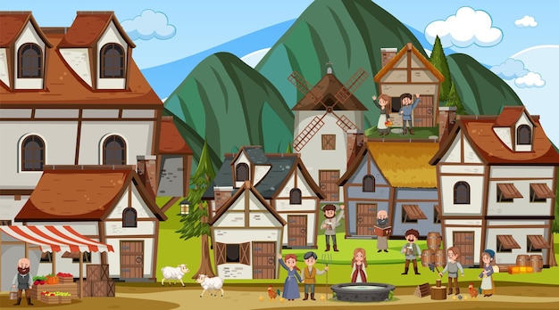 Vector medieval town scene with villagers