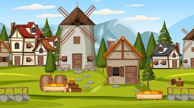 Vector medieval town scene with villagers