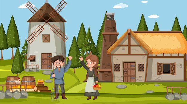 Vettore scena della città medievale con abitanti del villaggio