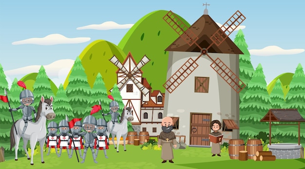 Medieval town scene with villagers