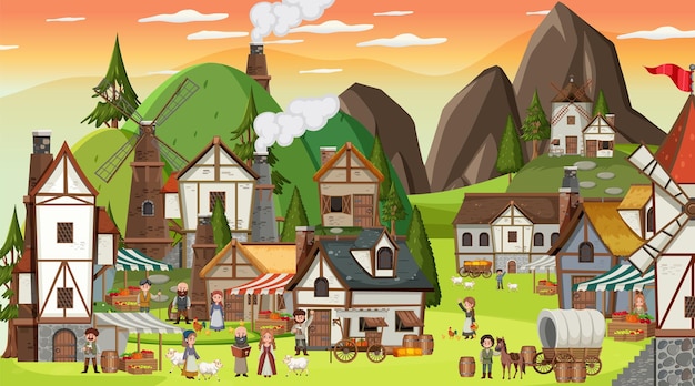 Medieval town scene with villagers