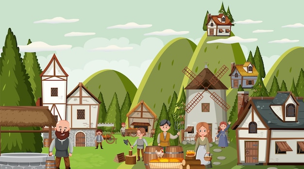 Medieval town scene with villagers