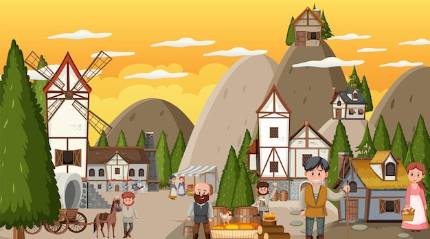 Vector medieval town scene with villagers