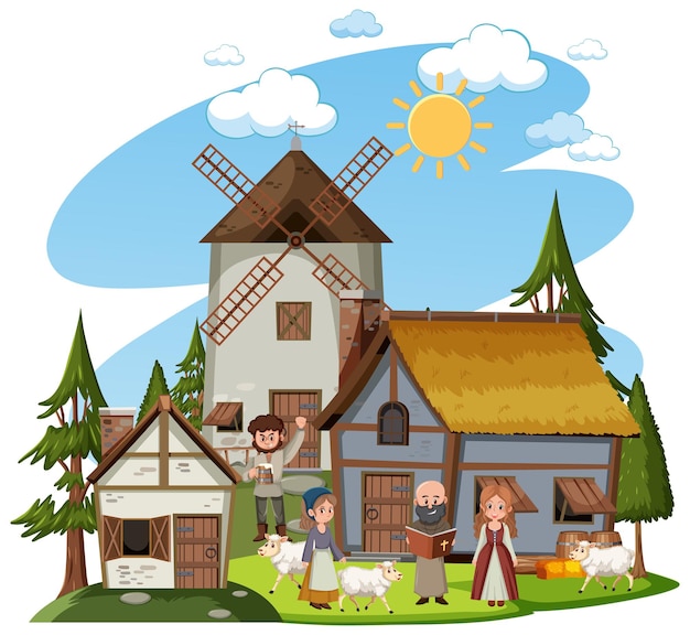 Medieval town with villagers on white background