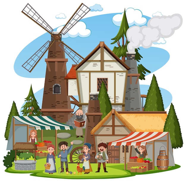 Vector medieval town with windmill and villagers