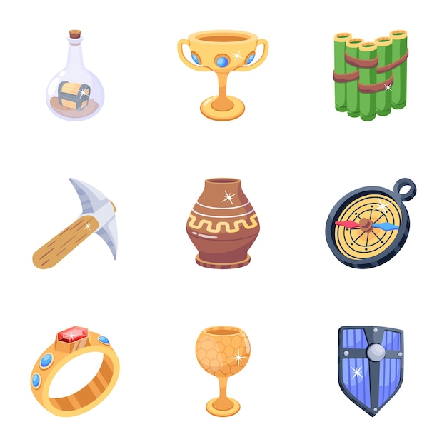 Vector medieval treasure elements 2d icons