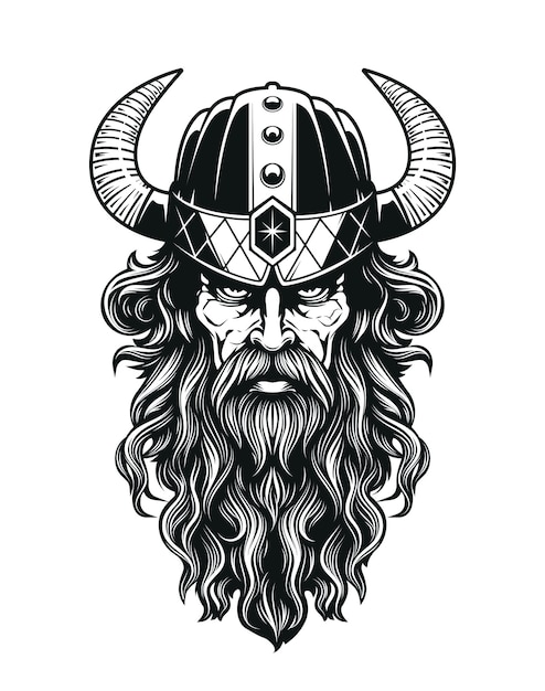 Vector medieval viking warrior with long hair and beard weared in horned helmet looking straight and hard muscular and brutal symbol of power black and white detailed vector art isolated on white