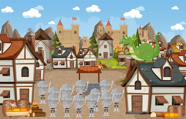 Vector medieval village scene castle background