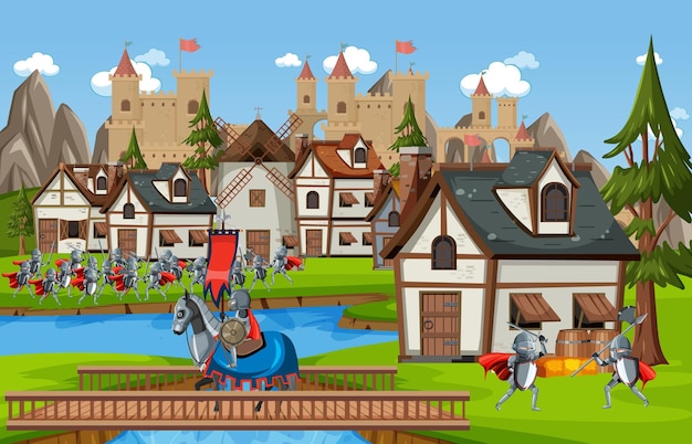 Medieval village scene castle background