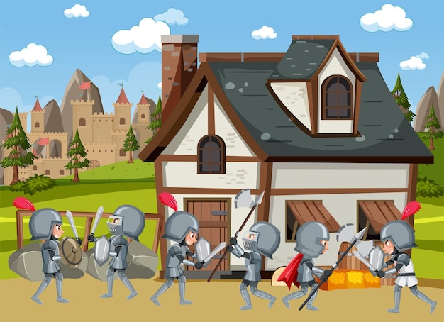 Vector medieval village scene castle background