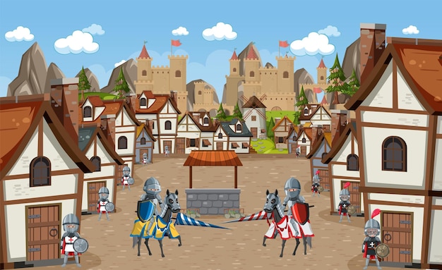 Medieval village scene castle background