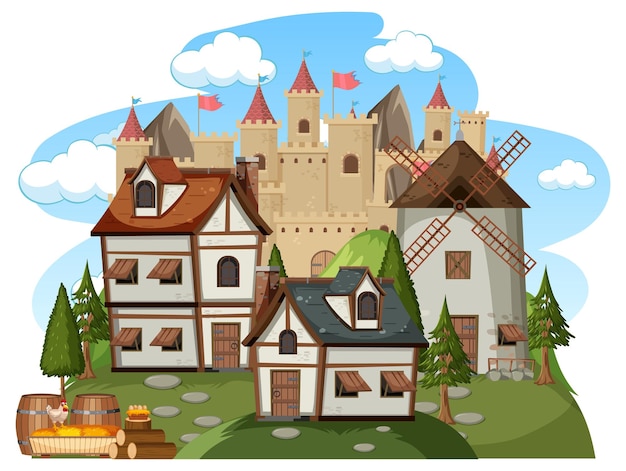 Medieval village scene on white background