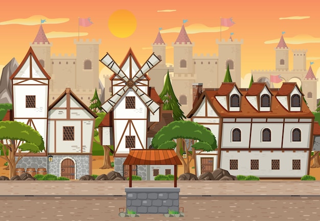 Medieval village scene with castle background