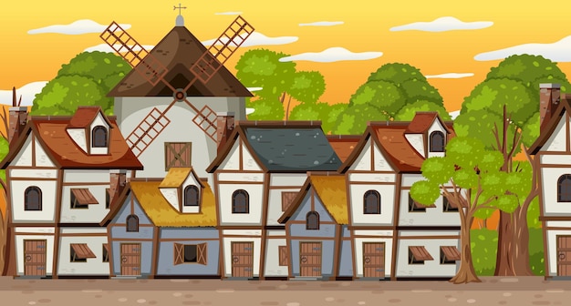 Средневековая деревня с мельницей и домами