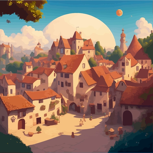 Medieval village sun star illustration