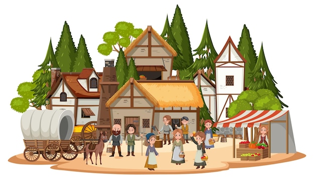 Средневековая деревня с сельскими жителями на белом фоне