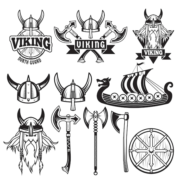 Vector medieval warriors and his weapons. labels with vikings. set isolate on white