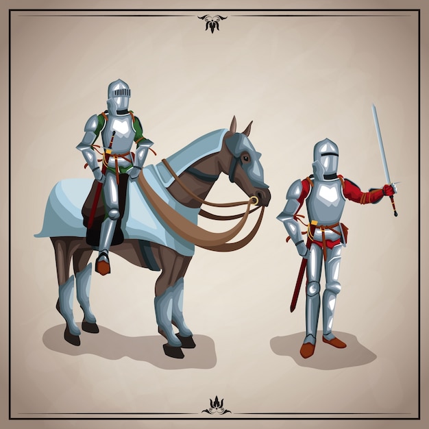 Vector medieval warriors with horse