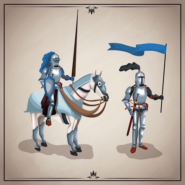 Vettore guerrieri medievali con cavallo