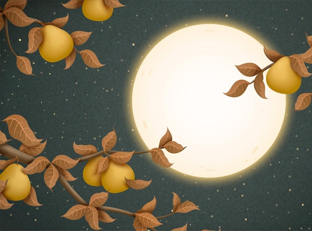 Medio herfstfestivalillustratie met het aantrekken van volle maan en pomelo-bomen