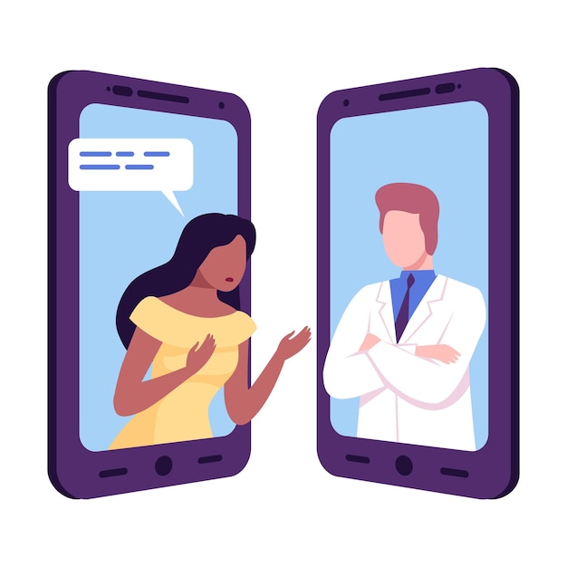 Medisch advies vrouw online mobiele chatten of gesprekken van mensen via smartphones tekst bubbels op schermen van twee mobiele telefoons tegenover elkaar platte vector illustratie