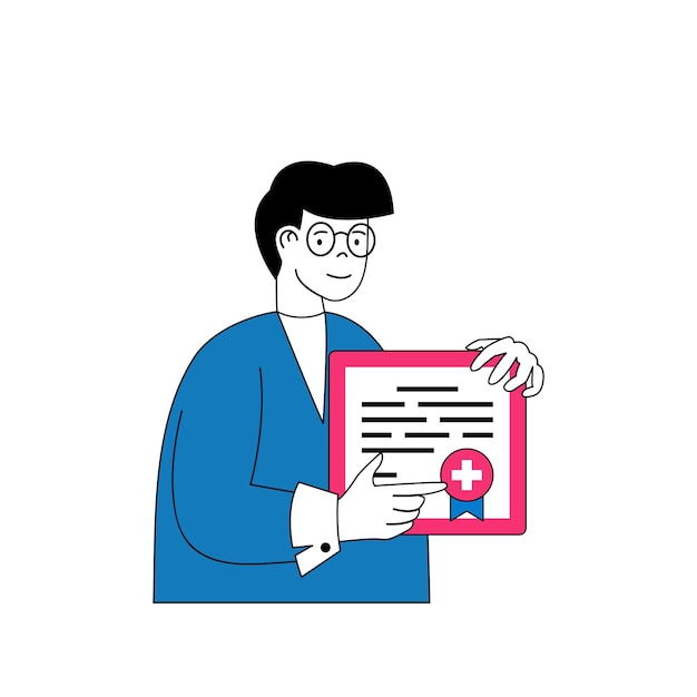 Medisch concept met cartoon mensen in plat ontwerp voor web Man studeert af aan de Universiteit van Geneeskunde en ontvangt doktersdiploma Vectorillustratie voor sociale media banner marketingmateriaal