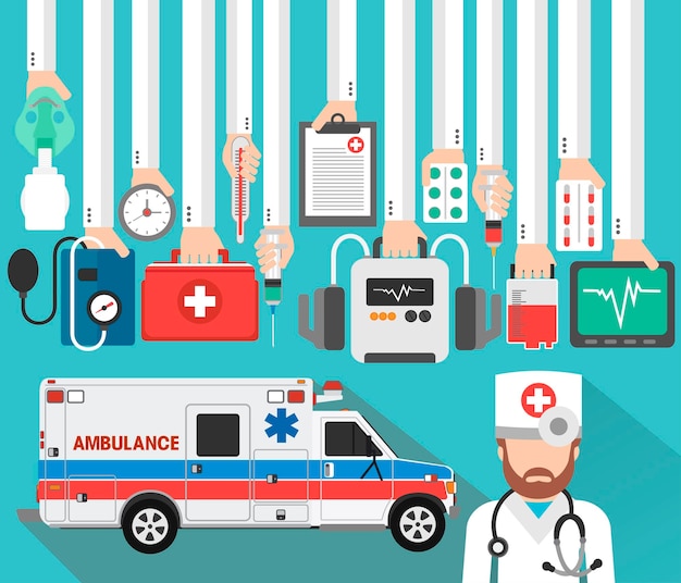 Medisch conceptontwerp plat met arts en ambulance vectorillustratie