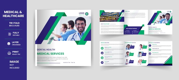 Medisch, gezondheidszorg vierkante driebladige brochure kliniek business brochure sjabloon a4 ontwerp